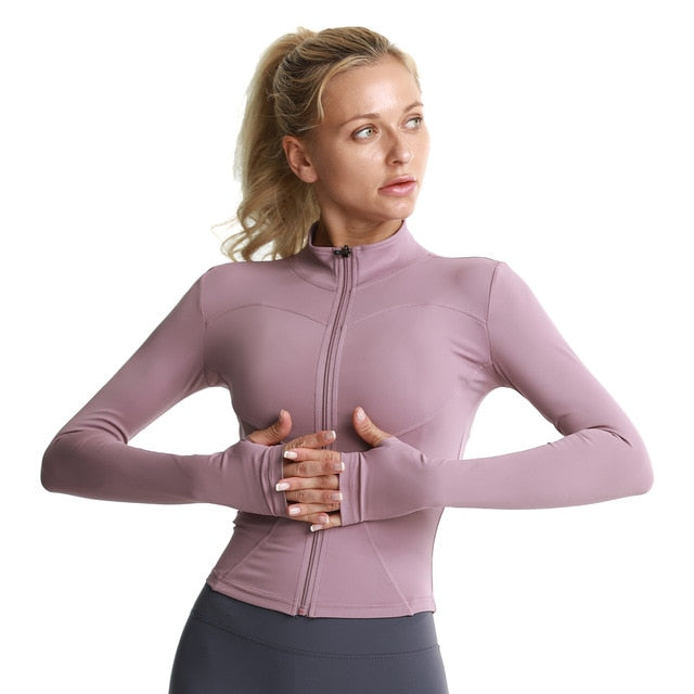 Crop Top Gym Jacket Women Tight Long Sleeve Shirt Fitness Sport Workout  Jacket Thumb Holes Full